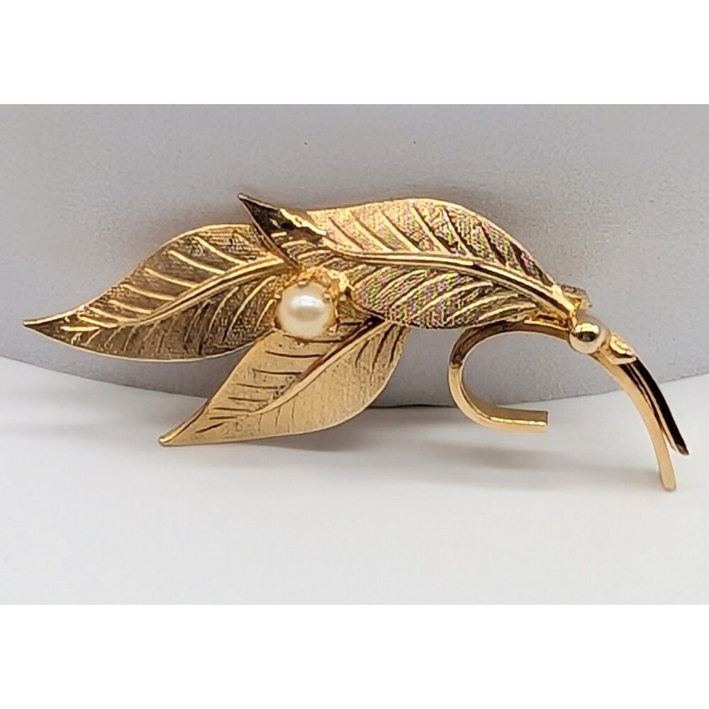 Brushed Gold Tone Leaf Leaves Brooch Pin Faux Pearl